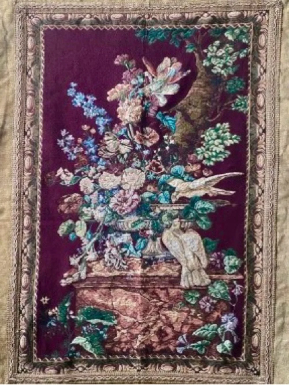 Vintage Wall Tapestry Aubusson Style Floral Birds Fringe Woven Textile 55” x 37”